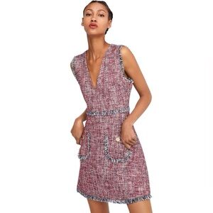 Zara Sleeveless Tweed V-Neck Frayed Fridge Trim Pinafore Shift Mini Dress Small